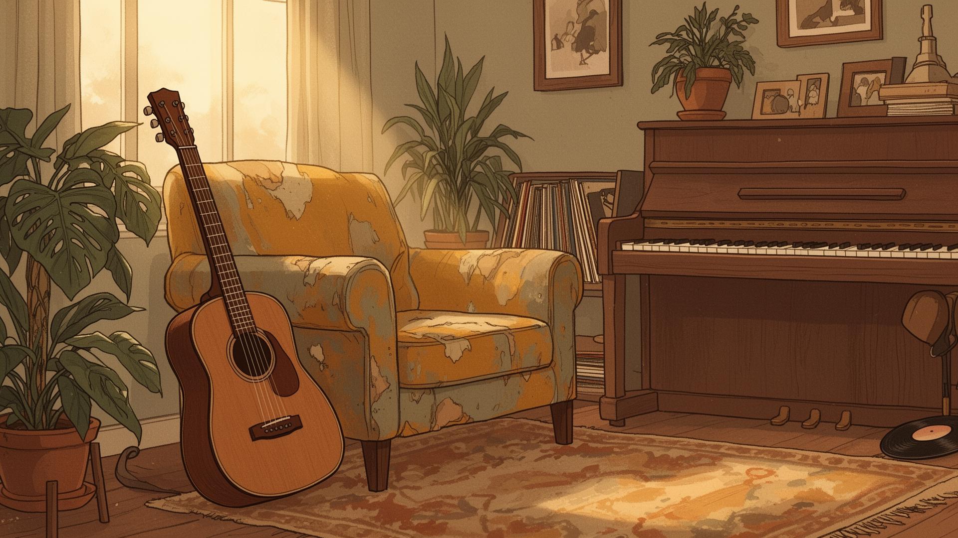 A cozy room with an acoustic guitar and a piano, ready for a lesson